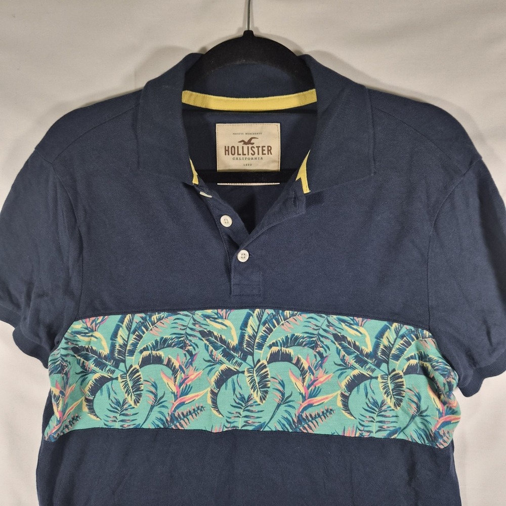 Hollister California Men's Small Navy Tropical Floral Colorblock Polo Shirt